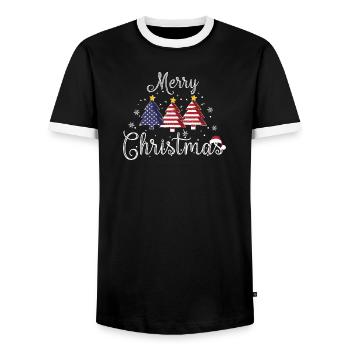 Merry Christmas Weihnachtsbäume USA Flagge Amerika - Männer Kontrast-T-Shirt - Schwarz/Weiß - Vorne - AI Model Female 172 light (172cm) & AI Model Male 178 light (178cm)