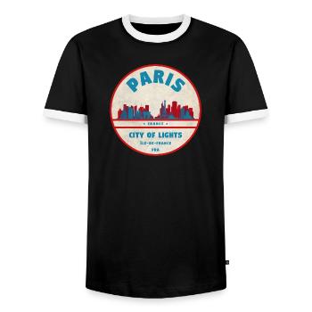 Paris City Lights Retro Badge - Men's Ringer Shirt - black/white - Front - AI Model Female 172 light (172cm) & AI Model Male 178 light (178cm)