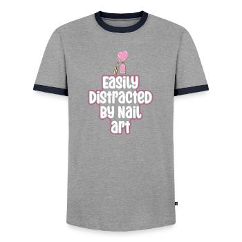 Easily distracted by Nail Art Nail Tech - Men's Ringer Shirt - grey/navy  - Front - AI Model Female 172 light (172cm) & AI Model Male 178 light (178cm)