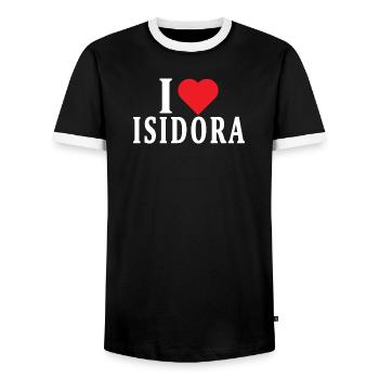 T-Shirt Ich liebe Isidora T-Shirt Geschenkidee - Männer Kontrast-T-Shirt - Schwarz/Weiß - Vorne - AI Model Female 172 light (172cm) & AI Model Male 178 light (178cm)