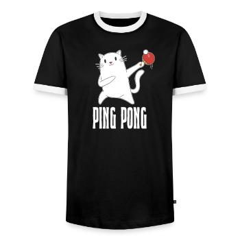 Table Tennis Katze Pingpong Outfit Cat Tischtennis - Men's Ringer Shirt - black/white - Front - AI Model Female 172 light (172cm) & AI Model Male 178 light (178cm)