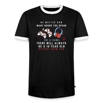 Game Rivalry Quip Tee - Men's Ringer Shirt - black/white - Front - AI Model Female 172 light (172cm) & AI Model Male 178 light (178cm)