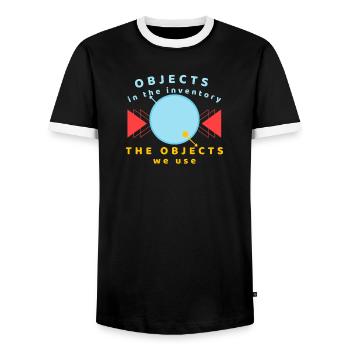 Objects in the Inventory We Use - Men's Ringer Shirt - black/white - Front - AI Model Female 172 light (172cm) & AI Model Male 178 light (178cm)