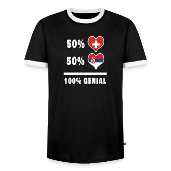 Serbien und Schweiz 100% Genial Flagge - Männer Kontrast-T-Shirt - Schwarz/Weiß - Vorne - AI Model Female 172 light (172cm) & AI Model Male 178 light (178cm)