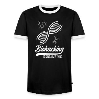 Biohacking is kinda my thing - Men's Ringer Shirt - black/white - Front - AI Model Female 172 light (172cm) & AI Model Male 178 light (178cm)