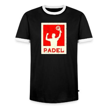 Leisure Training Player Saying Racket Padel - Men's Ringer Shirt - black/white - Front - AI Model Female 172 light (172cm) & AI Model Male 178 light (178cm)