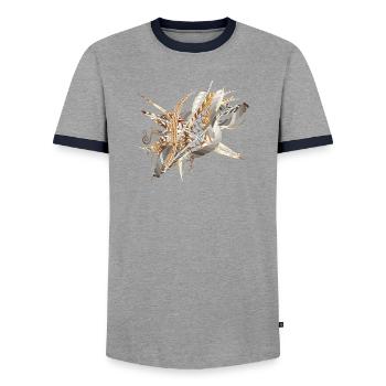 motif artistique en filigrane fait de rubans et de plumes - T-shirt contrasté Homme - gris/marine  - Devant - AI Model Female 172 light (172cm) & AI Model Male 178 light (178cm)