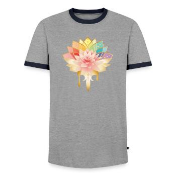 Lotus with golden flowers symbol in bright colors - Men's Ringer Shirt - grey/navy  - Front - AI Model Female 172 light (172cm) & AI Model Male 178 light (178cm)