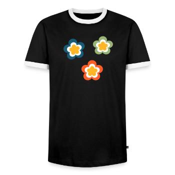 70s Flower Pattern Retro Hippie Festival - Men's Ringer Shirt - black/white - Front - AI Model Female 172 light (172cm) & AI Model Male 178 light (178cm)
