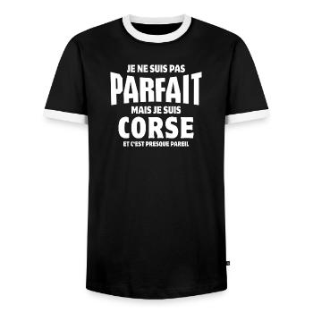 Corse, île de beauté, je suis Corse - T-shirt contrasté Homme - noir/blanc - Devant - AI Model Female 172 light (172cm) & AI Model Male 178 light (178cm)
