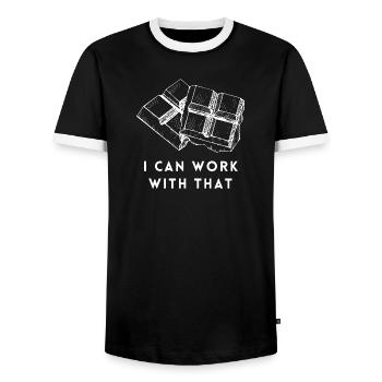 Ich kann mit diesem Schokoladen-Humor-T-Shirt arbeiten - Männer Kontrast-T-Shirt - Schwarz/Weiß - Vorne - AI Model Female 172 light (172cm) & AI Model Male 178 light (178cm)