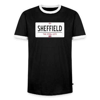 Sheffield town sign - Men's Ringer Shirt - black/white - Front - AI Model Female 172 light (172cm) & AI Model Male 178 light (178cm)