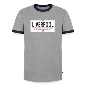 Nom de la ville de Liverpool - T-shirt contrasté Homme - gris/marine  - Devant - AI Model Female 172 light (172cm) & AI Model Male 178 light (178cm)