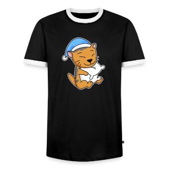 Sleeping Tired - Cat with Pillow and Sleepy Cap - Men's Ringer Shirt - black/white - Front - AI Model Female 172 light (172cm) & AI Model Male 178 light (178cm)