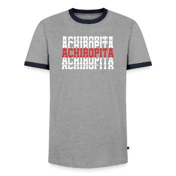 Achiropita stacked text t-shirt - Men's Ringer Shirt - grey/navy  - Front - AI Model Female 172 light (172cm) & AI Model Male 178 light (178cm)