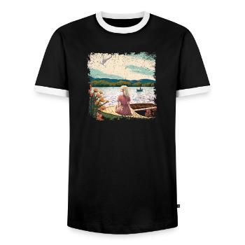 Woman sitting in boat by the water - Men's Ringer Shirt - black/white - Front - AI Model Female 172 light (172cm) & AI Model Male 178 light (178cm)