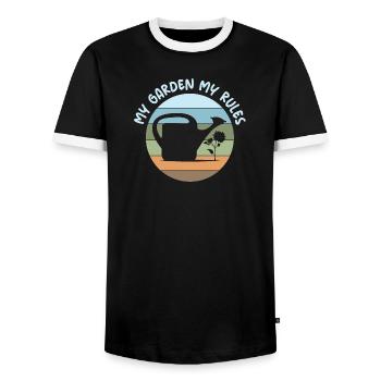 lustige Sprüche Garten Gärtner Regeln retro Logo - Männer Kontrast-T-Shirt - Schwarz/Weiß - Vorne - AI Model Female 172 light (172cm) & AI Model Male 178 light (178cm)
