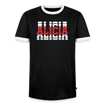 T-Shirt Alicia T-Shirt Geschenkidee gestapelter Text - Männer Kontrast-T-Shirt - Schwarz/Weiß - Vorne - AI Model Female 172 light (172cm) & AI Model Male 178 light (178cm)