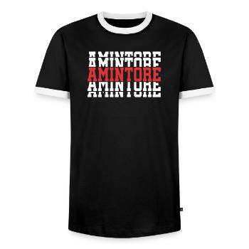 Amintore t-shirt gift t-shirt stacked text - Men's Ringer Shirt - black/white - Front - AI Model Female 172 light (172cm) & AI Model Male 178 light (178cm)
