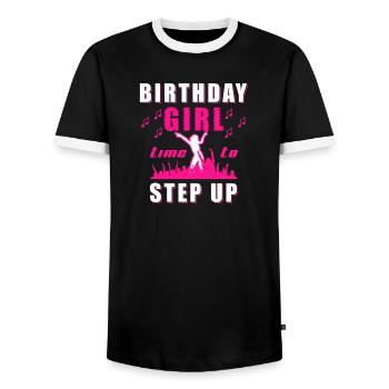 Birthday girl - time to step up - Men's Ringer Shirt - black/white - Front - AI Model Female 172 light (172cm) & AI Model Male 178 light (178cm)