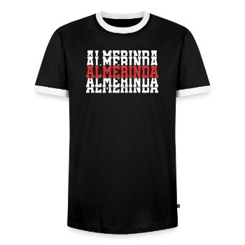 Almerinda t-shirt gift t-shirt stacked text - Men's Ringer Shirt - black/white - Front - AI Model Female 172 light (172cm) & AI Model Male 178 light (178cm)