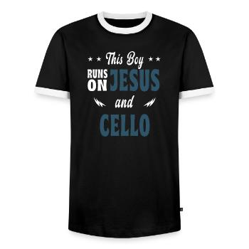 This boy runs on Jesus and cello - Men's Ringer Shirt - black/white - Front - AI Model Female 172 light (172cm) & AI Model Male 178 light (178cm)