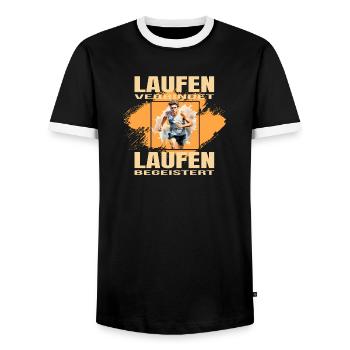 Laufen verbindet - Laufen begeistert - Männer Kontrast-T-Shirt - Schwarz/Weiß - Vorne - AI Model Female 172 light (172cm) & AI Model Male 178 light (178cm)