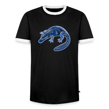 Schnabeltier, Aborigine-Motive, Stammesblau, - Männer Kontrast-T-Shirt - Schwarz/Weiß - Vorne - AI Model Female 172 light (172cm) & AI Model Male 178 light (178cm)