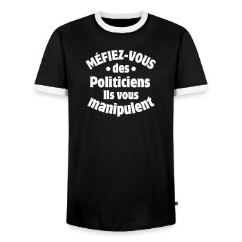 politique, politicien, homme politique - T-shirt contrasté Homme - noir/blanc - Devant - AI Model Female 172 light (172cm) & AI Model Male 178 light (178cm)