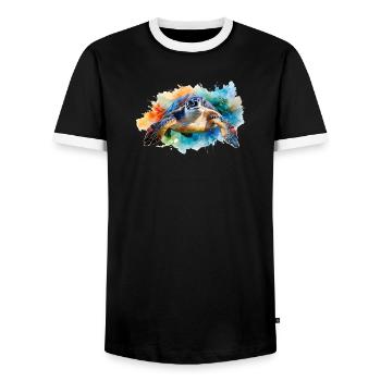 A water turtle in colorful watercolor style - Men's Ringer Shirt - black/white - Front - AI Model Female 172 light (172cm) & AI Model Male 178 light (178cm)
