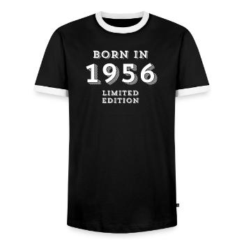 1956, date of birth, year of birth - Men's Ringer Shirt - black/white - Front - AI Model Female 172 light (172cm) & AI Model Male 178 light (178cm)