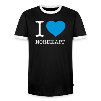 I LOVE NORDKAPP Norway Norwegen - Men's Ringer Shirt - black/white - Front - AI Model Female 172 light (172cm) & AI Model Male 178 light (178cm)