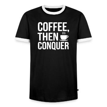 Kaffee, dann erobern - Männer Kontrast-T-Shirt - Schwarz/Weiß - Vorne - AI Model Female 172 light (172cm) & AI Model Male 178 light (178cm)