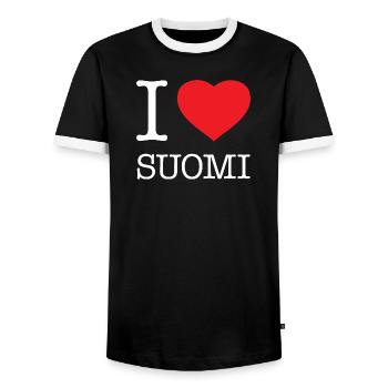 I LOVE SUOMI Finland Finnland - Men's Ringer Shirt - black/white - Front - AI Model Female 172 light (172cm) & AI Model Male 178 light (178cm)