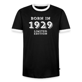 1929, 95 years, year of birth, date of birth - Men's Ringer Shirt - black/white - Front - AI Model Female 172 light (172cm) & AI Model Male 178 light (178cm)