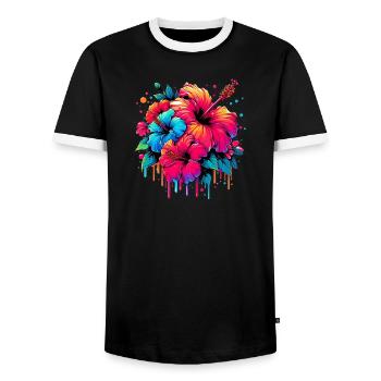 Fleurs d’hibiscus - T-shirt contrasté Homme - noir/blanc - Devant - AI Model Female 172 light (172cm) & AI Model Male 178 light (178cm)