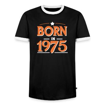 Born in 1975 – 50 years of Retro Kult - Men's Ringer Shirt - black/white - Front - AI Model Female 172 light (172cm) & AI Model Male 178 light (178cm)
