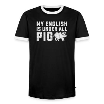 My English Is Under All Pig Illustration Denglish - Männer Kontrast-T-Shirt - Schwarz/Weiß - Vorne - AI Model Female 172 light (172cm) & AI Model Male 178 light (178cm)