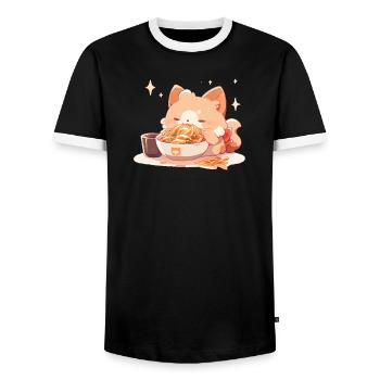 Cat kitten Funny spaghetti eating fat humor - Men's Ringer Shirt - black/white - Front - AI Model Female 172 light (172cm) & AI Model Male 178 light (178cm)