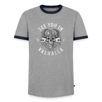 Rendez-vous au Valhalla | Les Vikings | Viking | Odin - T-shirt contrasté Homme - gris/marine  - Devant - AI Model Female 172 light (172cm) & AI Model Male 178 light (178cm)