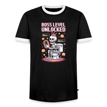 Final Level Unlocked – Retro Gaming Skeleton on - Men's Ringer Shirt - black/white - Front - AI Model Female 172 light (172cm) & AI Model Male 178 light (178cm)
