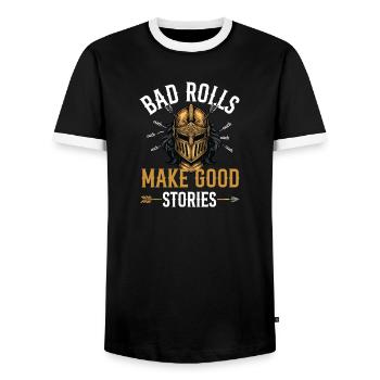 Bad Rolls Make Good Stories RPG Campaign Humor - Men's Ringer Shirt - black/white - Front - AI Model Female 172 light (172cm) & AI Model Male 178 light (178cm)