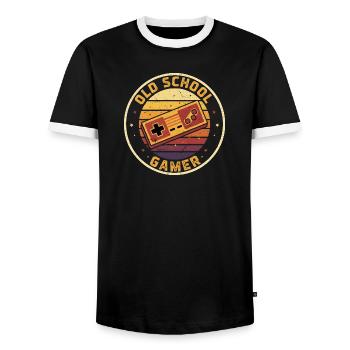 Old School Gamer Sunset Controller Retro Zocker - Men's Ringer Shirt - black/white - Front - AI Model Female 172 light (172cm) & AI Model Male 178 light (178cm)
