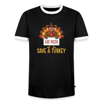 Rette Einen Truthahn Eat Pizza Lustiger Herbst - Männer Kontrast-T-Shirt - Schwarz/Weiß - Vorne - AI Model Female 172 light (172cm) & AI Model Male 178 light (178cm)