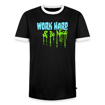 Work Hard Be Nice Motivation Positive Spirit Quote - Men's Ringer Shirt - black/white - Front - AI Model Female 172 light (172cm) & AI Model Male 178 light (178cm)