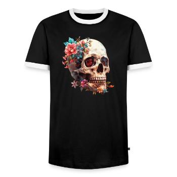 Totenkopf, Schädel mit Blumen - Männer Kontrast-T-Shirt - Schwarz/Weiß - Vorne - AI Model Female 172 light (172cm) & AI Model Male 178 light (178cm)