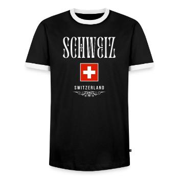 Swiss flag, made in Switzerland - Men's Ringer Shirt - black/white - Front - AI Model Female 172 light (172cm) & AI Model Male 178 light (178cm)