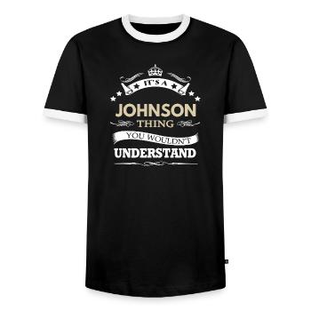 It’s an Johnson Thing – Family Name Pride Quote - Men's Ringer Shirt - black/white - Front - AI Model Female 172 light (172cm) & AI Model Male 178 light (178cm)