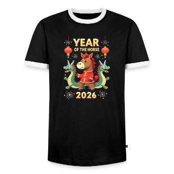 Chinese New Year Of The Horse 2026 - Men's Ringer Shirt - black/white - Front - AI Model Female 172 light (172cm) & AI Model Male 178 light (178cm)