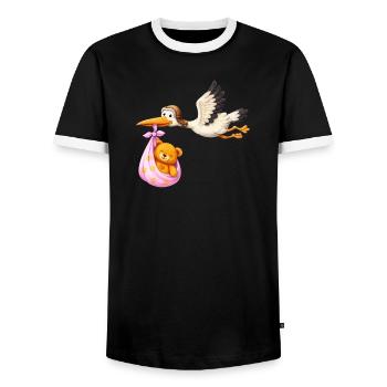 Baby Mädchen Storch mit Teddy im Tuch Geschenk - Männer Kontrast-T-Shirt - Schwarz/Weiß - Vorne - AI Model Female 172 light (172cm) & AI Model Male 178 light (178cm)